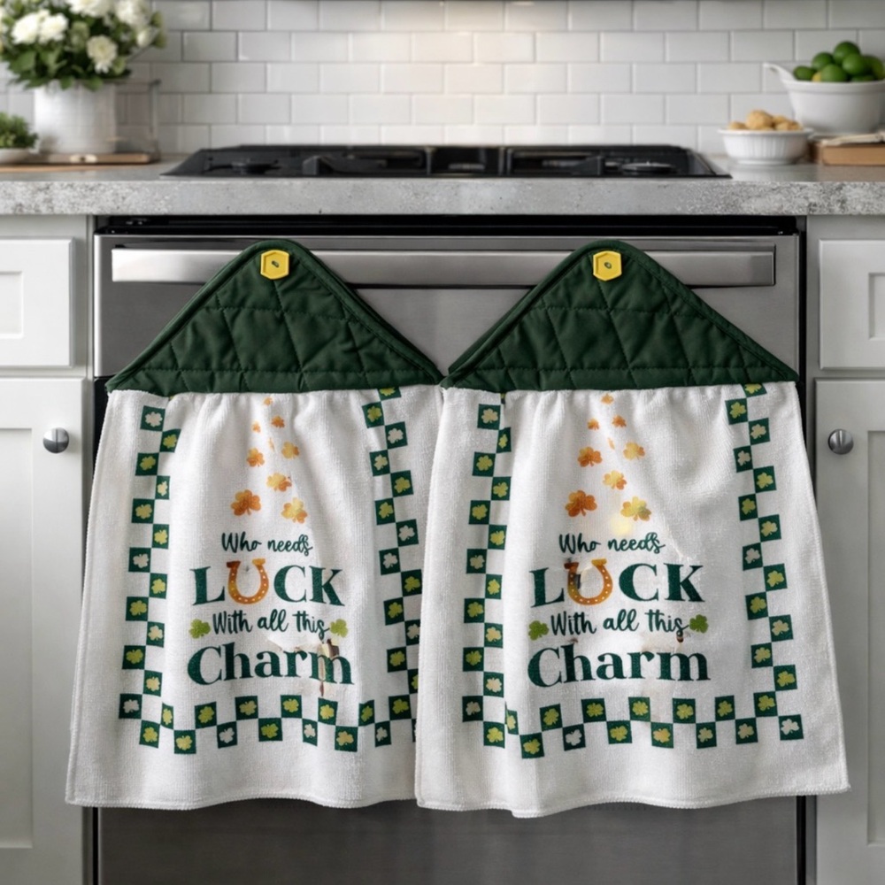 Hand Crafted St Patty Green and White Kitchen Towels